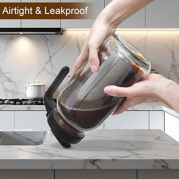 Cold Brew Coffee Maker Pitcher, 64oz Iced Coffee Tea Pitcher for Fridge with Stainless Steel Filter, 1/2 Gallon Glass Mason Jar Cold Brew Maker with Pour Spout Lid, Drying Mat, 2 Brushes, Leak-Proof