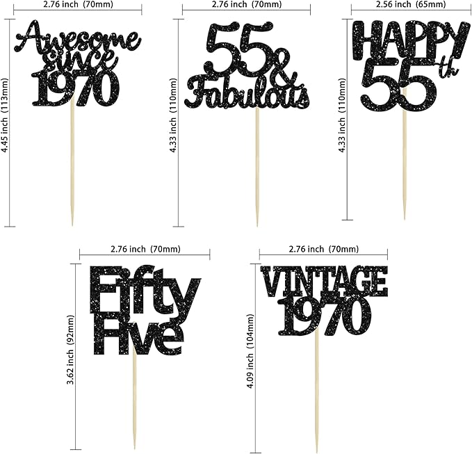 Gyufise 30 Pack Black Glitter Vintage 1970 Cupcake Toppers Glitter 55 Fabulous Happy 55 Cheers to 55 Years Birthday Cupcake Picks 55th Birthday Anniversary Cake Decorations Supplies