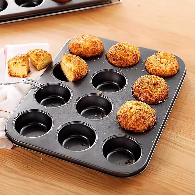 2 Packs Nonstick Round Muffin Baking Pan Tin, 12-Cup Muffin Tin, Cupcake Pans, Cheesecake Pans, Carbon Steel, Black