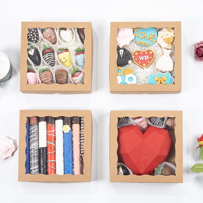 50pcs 8x8x2 Inches Brown Bakery Boxes with Window - Perfect for Cookies, Chocolate Covered Strawberries, Cakesicles & More