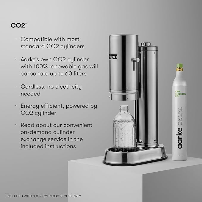 Aarke Carbonator Pro, Sparkling & Carbonation Water Machine, Stainless Steel with Glass Reusable Bottle Volume 800 mL/27 fl oz and CO2 Cylinder (Sand)