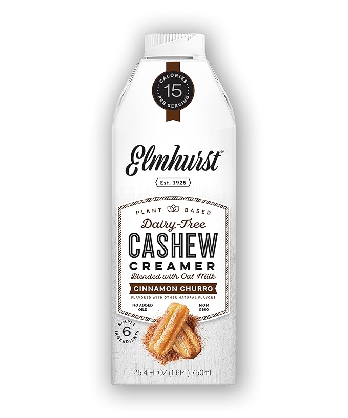 Elmhurst 1925 Cinnamon Churro Cashew Creamer - Dairy-Free, Vegan, Kosher, Low Sugar, Shelf Stable Creamer Made with Cashew & Oat Milk for Healthier Coffee, Latte and Smoothies - 25.4 Ounce (Pack of 6)