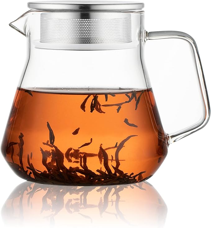 CNGLASS One-Touch Glass Teapot with Stainless Steel Filter Lid,20oz(600ml) Glear Tea Kettle Stovetop Safe,Borosilicate Glass Tea Pots for Loose Leaf Tea