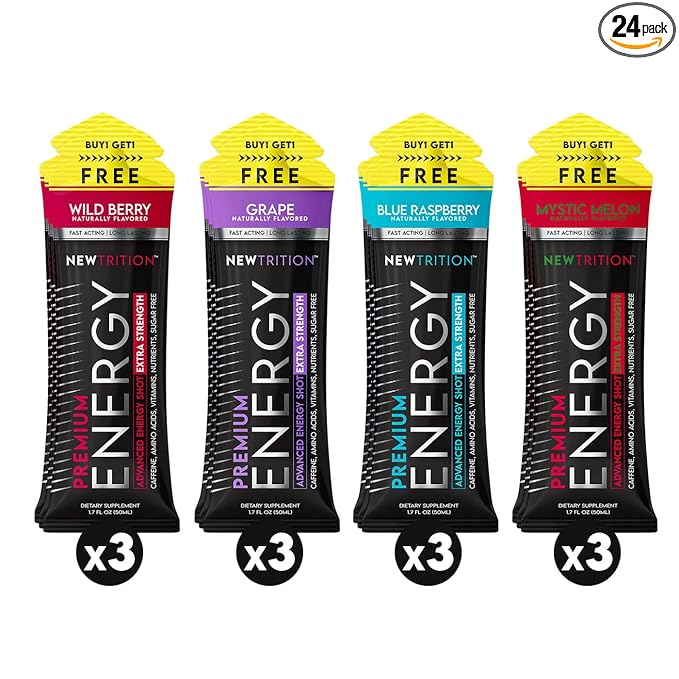 NewTrition® Extra Strength Energy Shots, 250mg Caffeine Energy Shots with Vitamin B & Amino Acids, Sugar-Free Vitamin Energy Shot, 1.7 fl oz (Pack of 12, 4 Flavors-Mixed-1)