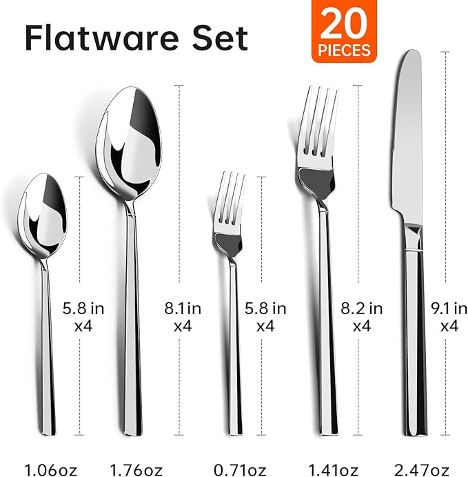 20-Piece Stainless Steel Flatware Set, Service for 4 — 4 × 5-Piece Place Settings (Knife, Dinner Fork, Salad Fork, Dinner Spoon & Teaspoon), Mirror-Finish, Dishwasher Safe Silverware