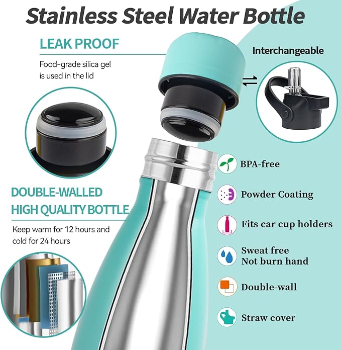 Insulated Water Bottle, 2 Pack-17oz Stainless Steel Water Bottles with straw lid, Metal Sports Water Bottles for Boys,Girls, Double Wall Vacuum BPA-Free Flask for School,Sports (Pink-Green)