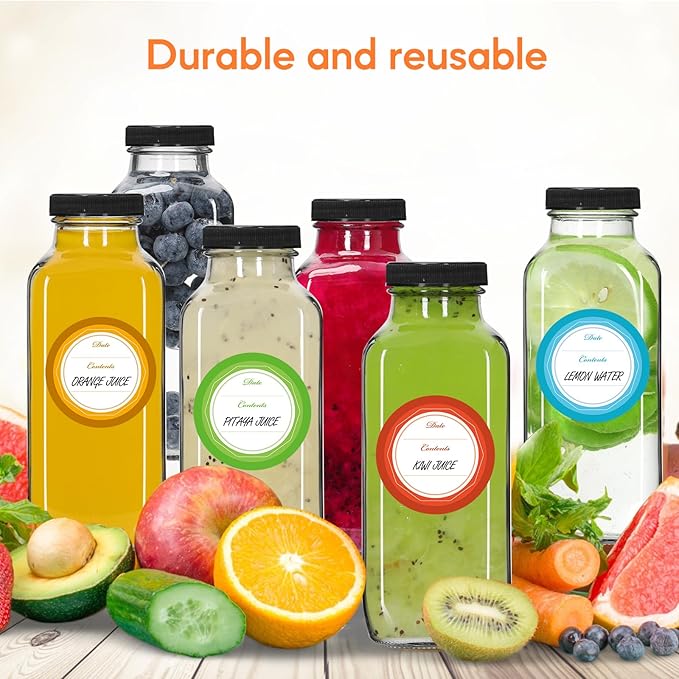 STARSIDE 12 oz Glass Juice Bottles with Lids 6 Pack - Square Reusable Drinking Jars for Juicing, Milk, Kombucha - Includes 1 Bottle Brush, 6 Colored Labels