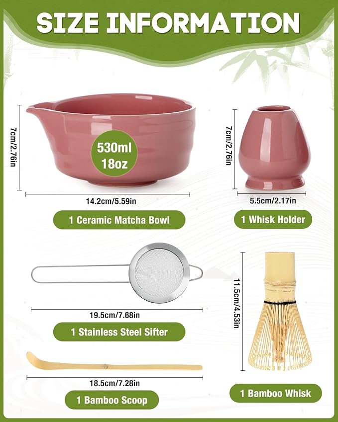 5PCS Matcha Set - 17OZ Ceremonial Bowl with Spout, Bamboo Whisk (Chasen), Stainless Sifter, Scoop & Holder, Matcha Kit for Matcha Lovers, Pink
