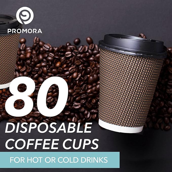 Promora Brown Disposable Coffee Cups With Lids 12 oz, Premium Insulated Paper Ripple Cups for Hot Coffee, Paper Cups 12 oz Coffee Cups 12 oz, Paper Coffee Cup with Lids (80 Pack)