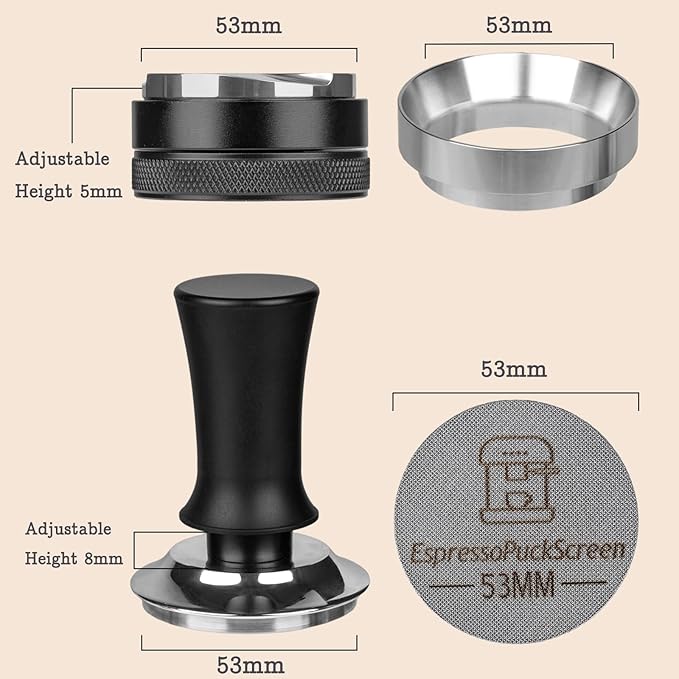 53mm Espresso Tamper Set - Spring-loaded Coffee Tamper, Adjustable Depth Espresso Distributor Leveler, Magnetic Dosing Funnel Aluminum Metal, Reusable Puck Screen, Fit for 53mm Portafilters