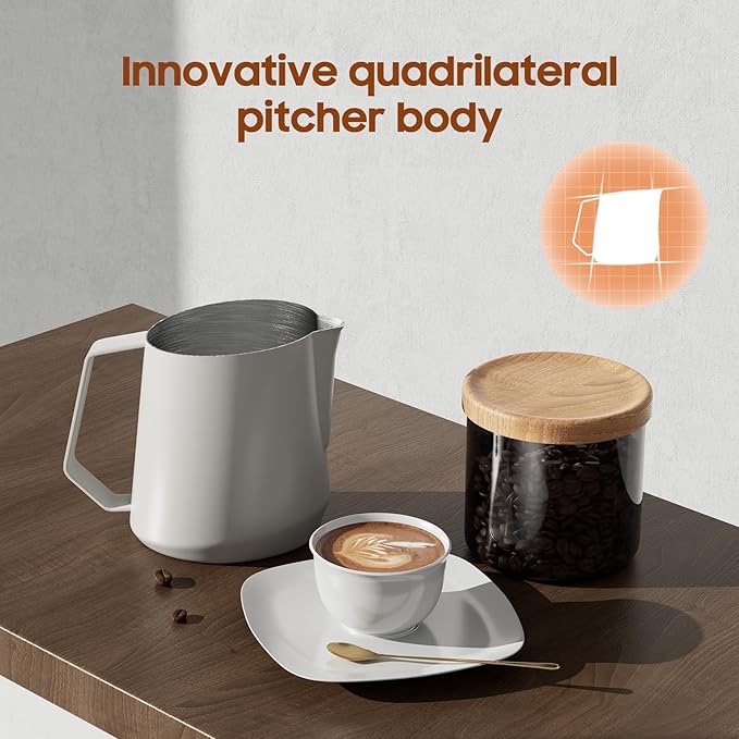 MHW-3BOMBER Milk Frothing Pitcher - 20oz/600ml Milk Frother Cup with U-Shaped Spout - SUS 304 Steaming Pitcher - Cappuccino Latte Art Cup for Barista - Quadrilateral Body - Cream White P5181-OS