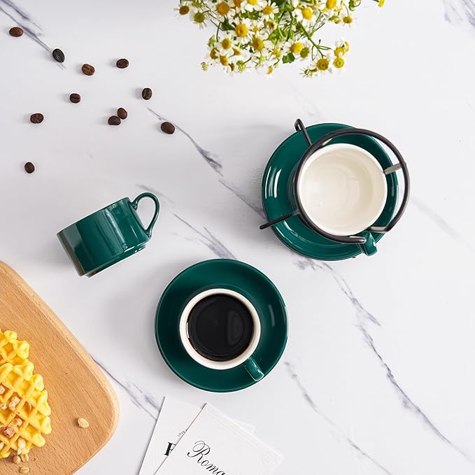2.5oz Porcelain Stackable Espresso Cups with Saucers and Metal Stand Set of 4, Stackable Cappuccino Cups, Green Expresso Shots Cup Set for Coffee Drinks, Latte, Tea