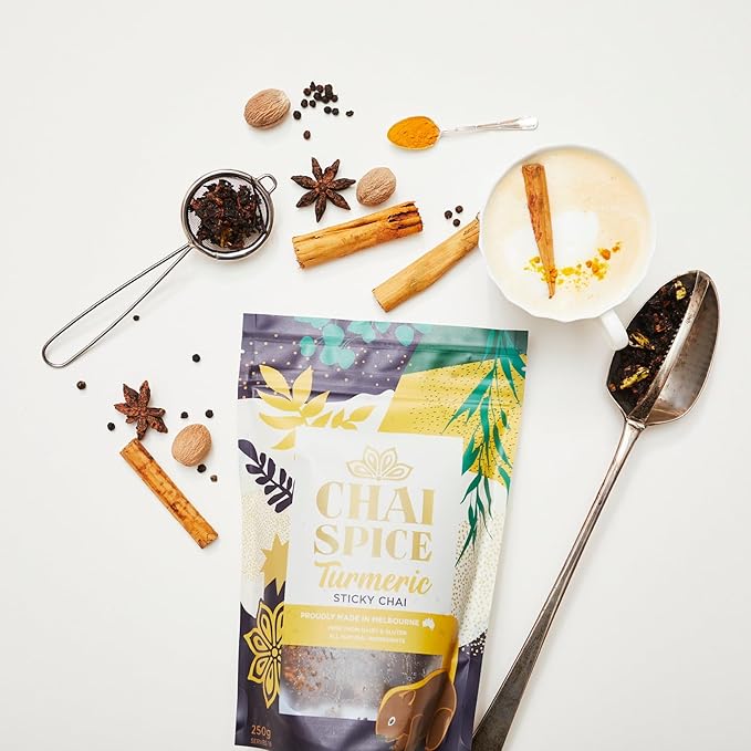 Chai Spice Turmeric Sticky Chai - 250g 16 Serves 100% Natural Whole Spices Chai Tea | Sugar Free | Gluten Free | No Additive Syrups | Concentrates or Preservatives