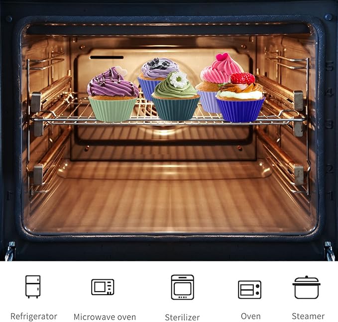48 Pack of Silicone Cupcake Liners, lyfLux Reusable Mini Muffin Baking Cups, Food Grade Silicone for Cooking Eggs, Baking Muffins and Make a Cake (8 Colors 6 Each)