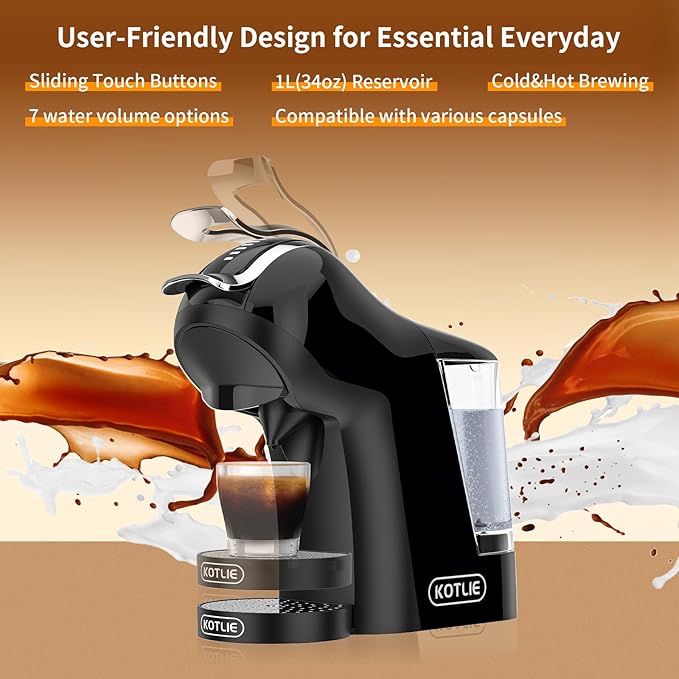 KOTLIE Espresso 5in1 Single Serve Coffee Maker, 19Bar Cappuccino&Latte Maker, Cold&Hot Brewing Coffee Machine for K*cup/NES*presso Original/D*olce G*usto/Ground Coffee/44mm ESE(Black)