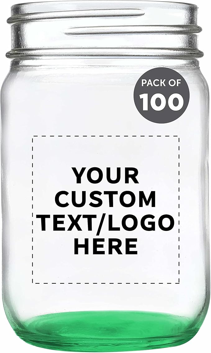 DISCOUNT PROMOS Custom Decorating Mason Jars 12 oz. Set of 100, Personalized Bulk Pack - Glass Jars for Overnight Oats, Candies, Fruits, Pickles, Spices, Beverages - Green