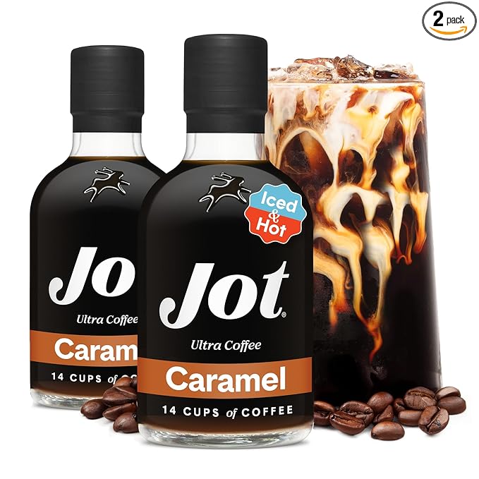 Jot Coffee Concentrate (Caramel) High Caffeine Cold Brew Coffee Concentrate Liquid for Iced Coffees, Instant Espresso, Hot or Cold Instant Coffees - Makes 14 Cups, 150mg Caffeine/Tbsp, Sugar Free