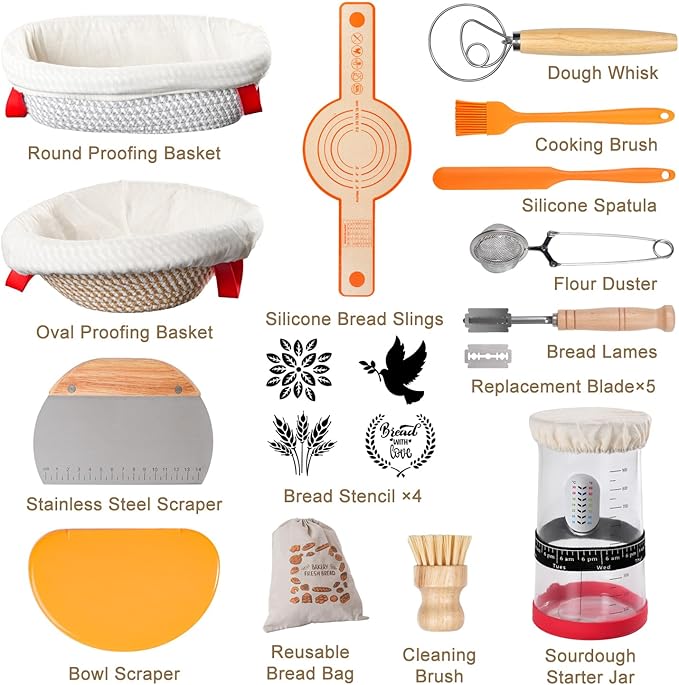 Sourdough Starter Kit, 9' Round Proofing Basket and 10' Oval Proofing Basket, a complete bread-making tool set, essential sourdough bread baking supplies for beginners.