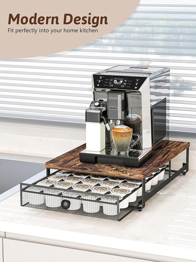 K Cup Organizer, Coffee Pod Holder Rack, Under Cabinet Pod Holder with Sliding Drawer holds up to 35 K-Cup Pods, No Assembly Needed, Rustic Brown