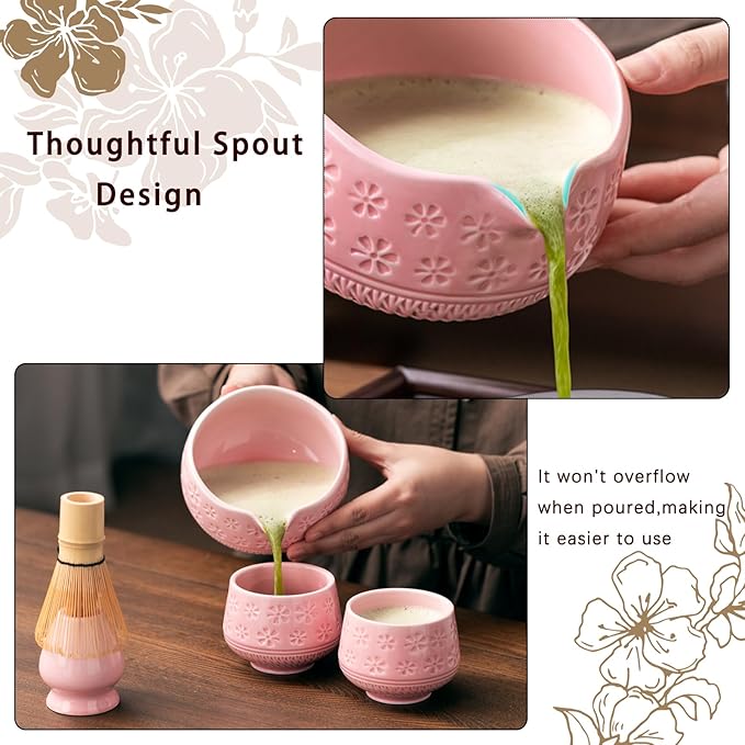 Matcha Whisk Set, 10 Pcs Matcha Set Includes Matcha Bowl, 2 Cups, Matcha Whisk and Holder, Bamboo Scoop and Spoon, Scoop Rest, Sifter and Tea Towel, Complete Matcha Kit (Pink)