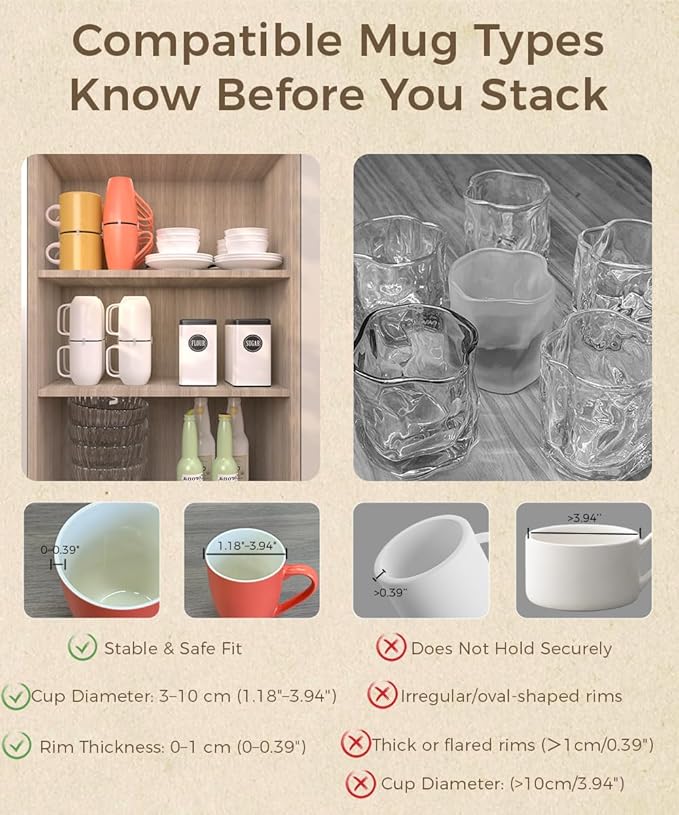 Coffee Mug Organizers and Storage (8Pack), Adjustable Stackable Cup Organizer for Kitchen Cabinets Shelf Organization, Cupboard Save Space Cup Stacker Holder for Tea Cup/Coffee Mugs/Glasses