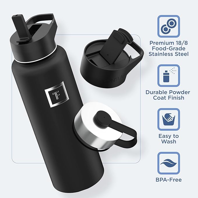 IRON °FLASK Camping & Hiking Hydration Flask with 3 Lids - Stainless Steel, Double Walled & Vacuum Insulated Water Bottle - Leak Proof & BPA Free (Winter White, Straw - 40 oz)