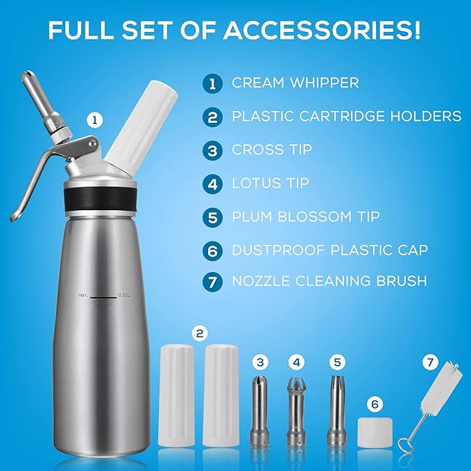 OCTANDRA Professional Whipped Cream Dispenser – 1 Pint Aluminum Whipper Canister - Whipping Siphon - Whip Cream Maker with 3 Stainless Steel Tips, 2 Charger Holders, Brush & Storage Cap