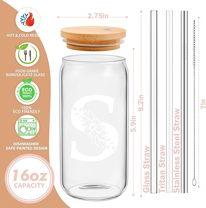 Personalized Gifts for Women, Monogrammed Glass Cups with Lids and Straws, Custom Tumbler, Cute Customized Mug, Aesthetic Stuff, Initial Iced Coffee Cup, Drinking Glasses, Birthday Teacher Gifts, L