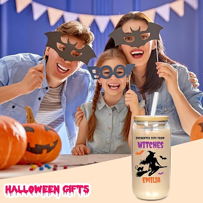Personalized Halloween Tumbler for Witches-Boo Basket Stuffers- Can Shaped Glass with Lids and Straws18OZ -Halloween Gifts for Women Kids Daughter