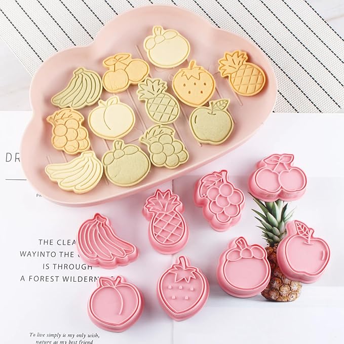 8Pcs Fruit Cookie Cutters Set 3D Plastic Biscuits Mold for Baking, DIY Cake Decor Grape, Banana, Strawberry, Apple Shape Cookie Molds for Party (I8)