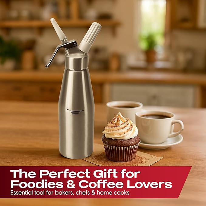 Chef Master (2 Pint / 1 Liter) Aluminum Whipped Cream Dispenser - Decorating Tips for Desserts, Coffee, Latte + Cleaning Brush - Whip Cream Dispenser Canister for Home, Bakery or Restaurant - 90077