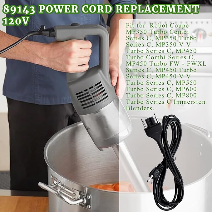 Immersion Blender Power Cord Replacement Replace 89143 Fit for Robot Coupe Blenders MP Series MP350 MP450 MP550 MP600 MP800 Turbo Combi Series C Blender Extended Cords Parts 3-pin Plug 150" Black