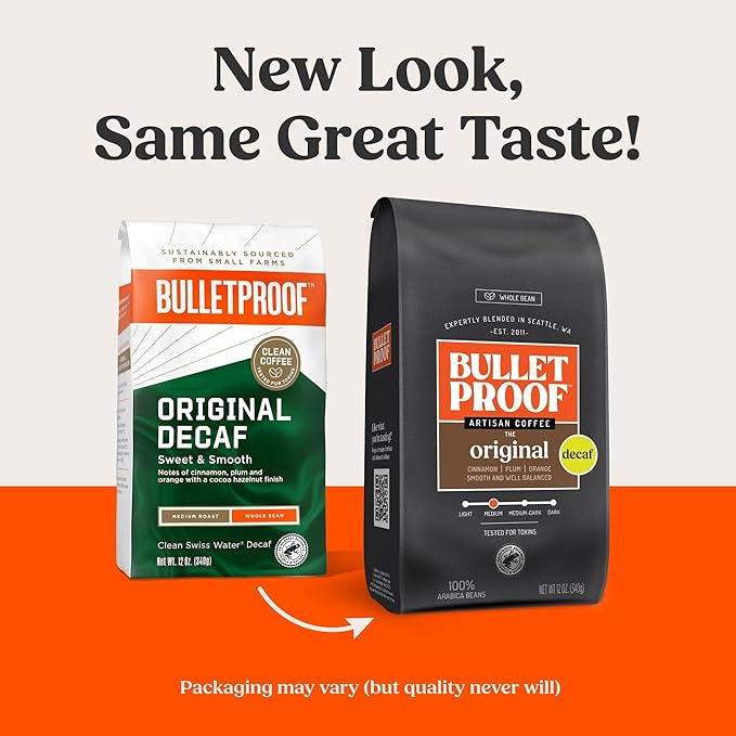 Bulletproof Original Medium Roast Whole Bean Decaf Coffee, 12 Ounces, Coffee Tested for Toxins, Packaging May Vary (Pack of 2)