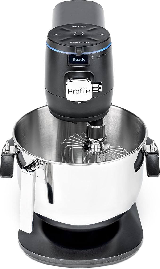 GE Profile Smart Stand Mixer, Built-In Smart Scale & Auto Sense Technology, 7qt Stainless Steel Bowl, 11 Speed, Includes Dough Hook, Beater, 11-Wire Whip, WiFi Connected, Carbon Black