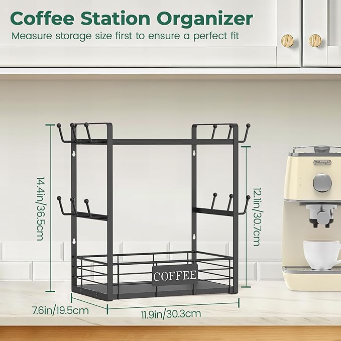 EsLuker.ly Coffee Mug Cup Holder Stand Bar Station Organizer for Countertop, Multi-Functional 2 Tier Mug Tree Rack for Kitchen, Storage Shelf with 12 Hooks, Black(Patented Design)
