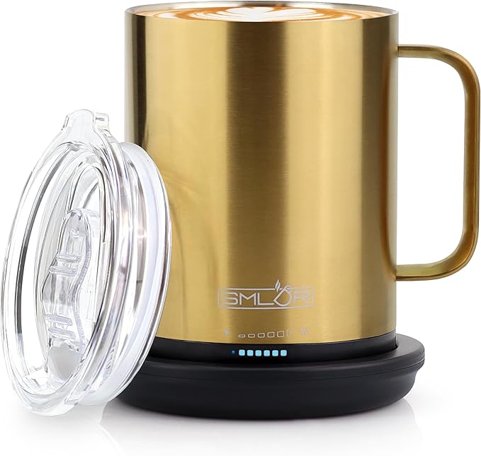 SMLDR Pro Heated Mug, 14 oz Smart Mug, Self-Heating, Adjustable Temperature, Battery Powered, Great for Coffee & Tea, Excellent Gift (Gold)
