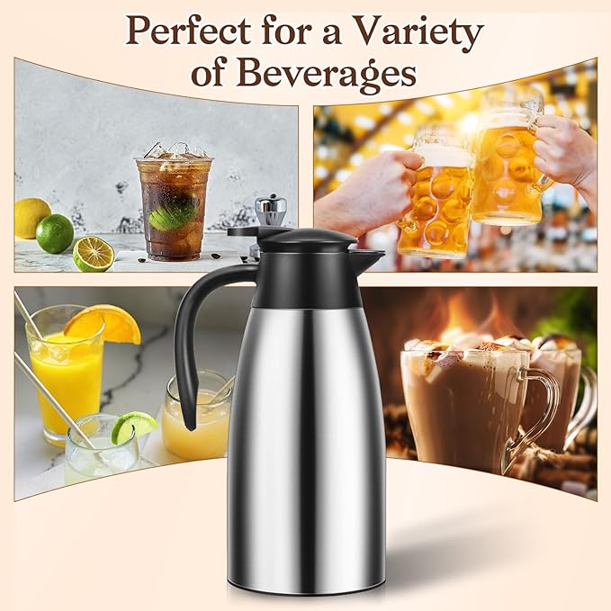 2 PCS 68 OZ Thermal Coffee Carafe, Insulated Stainless Steel Coffee Carafe Double Walled Vacuum Thermal Pot Flask with Brushes Thermos for Keeping Hot Coffee Tea Home and Office (Silver)