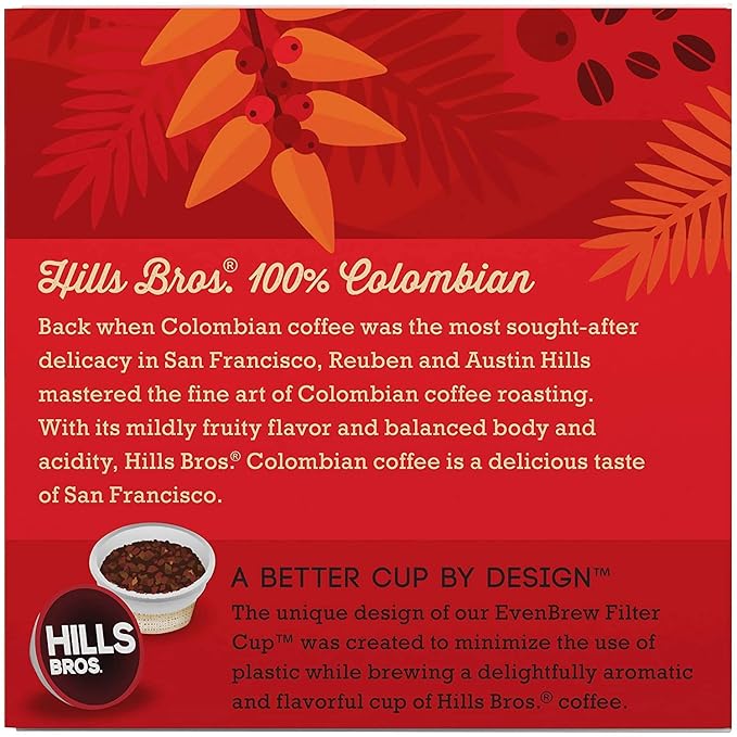 Hills Bros Single Serve Coffee Pods, 100% Colombian Ground Coffee, Medium Roast, 12 Count – Keurig Compatible, Roasted 100% Arabica Beans, Smooth Balanced Flavor