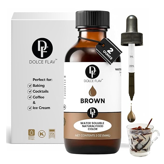 Dolce Flav Natural Brown Food Coloring – 2 oz Liquid Color from Class IV Caramel with Graduated Dropper | Water-Soluble | For Baking, Beverages & Sauces | Kosher | Made in USA