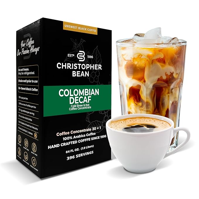 Christopher Bean Coffee - 396 servings, 30 to 1 Blend Bag in Box Liquid Instant Coffee or Cold Brew Coffee Concentrate - Hot or Iced Coffee - Decaf Colombian