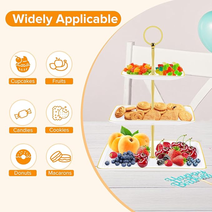 Hoedia 3 Tier Cupcake Stand Tower, Plastic White Cup Cake Holder for Dessert stands, Tiered Serving Tray for Tea Party, Birthday Party, Wedding Decor and Baby Shower(Square)