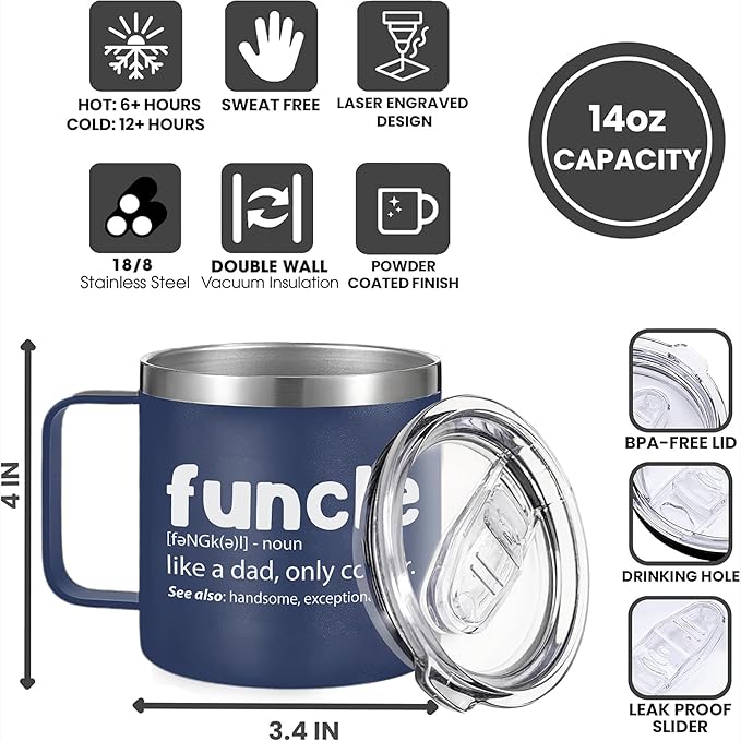 Gossby 14oz FUNCLE Tumbler Mug - Funny Uncle Gift from Niece, Nephew, Kids - Father's Day, Christmas, Birthday Gift for Uncle - Travel Insulated Coffee Cup with Lid, Straw
