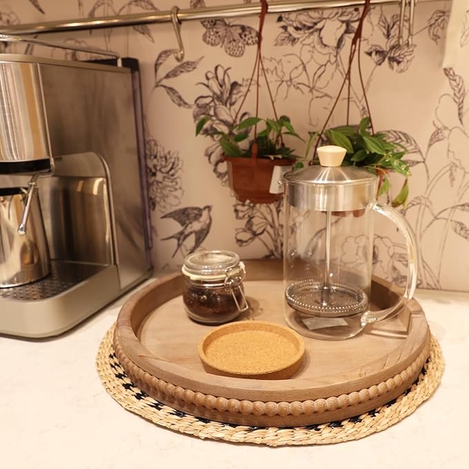 Wood Decorative Serving Tray with Bead, Round Vintage Wooden Ottoman Tray for Home Centerpiece, Counter Organizer, 13” Circle Tray for Kitchen, Living Room (Rustic Brown)