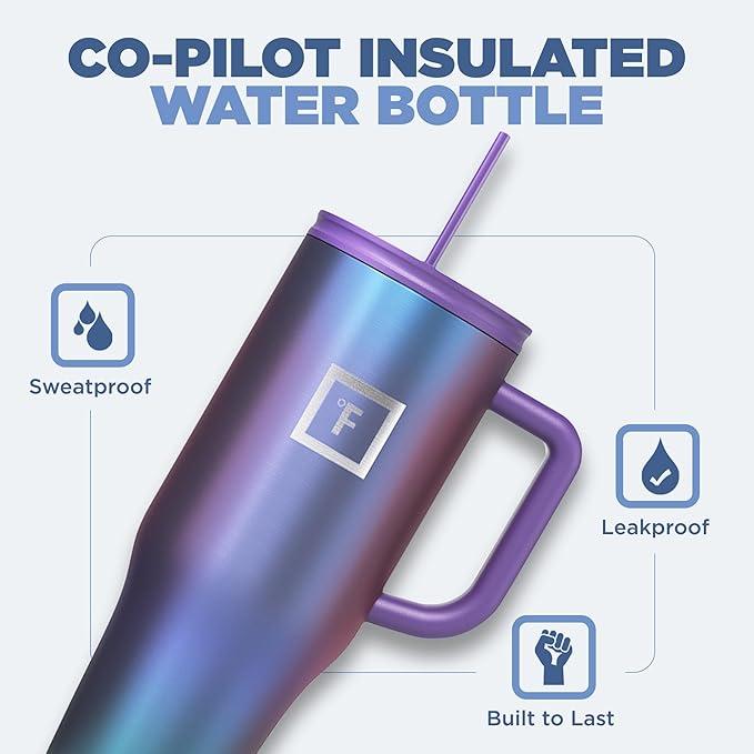 IRON °FLASK Co-Pilot Insulated Mug w/Straw & Flip Cap Lids - Cup Holder Bottle for Hot, Cold Drink - Leak-Proof - Water, Coffee Portable Travel Mug - Sand, 40 Oz