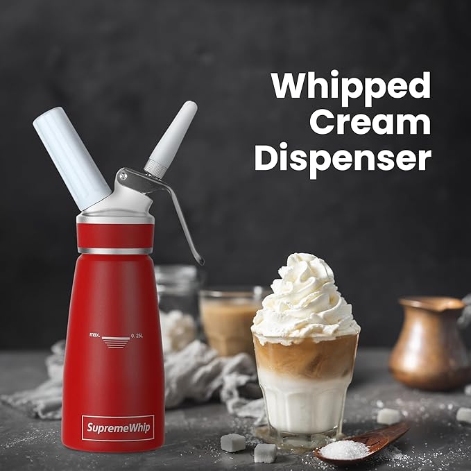 PRO Cream Dispenser, Durable High-Grip, Metal Lid with Rubber, 3 Nozzles, for Hot/Cold Use, Cleaning Brush Included, Red - 250 ml / 1 Pint