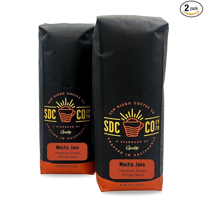 San Diego Coffee Mocha Java, Medium Roast, Whole Bean Coffee, 16-Ounce Bags (Pack of 2) Café en grano tostado