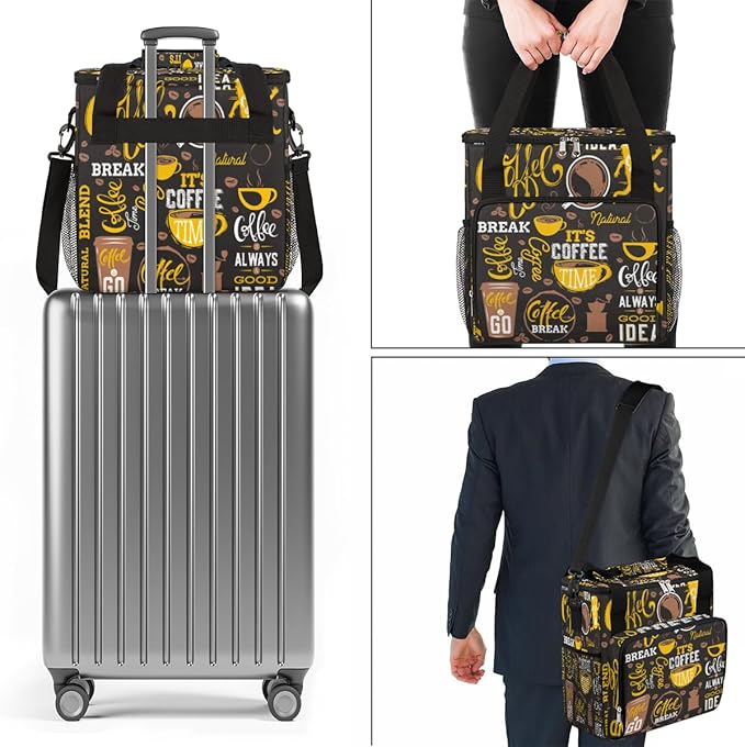 Yellow Coffee Break Cafe Maker Carring Bag Travel Carrying Storage Tote Compatible with Keurig K-Mini or Plus Portable Single Serve Brewer Case Pockets for K-cup Pods