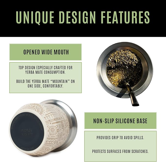 MADFLOW Yerba Mate Cup. Stainless Steel Mate Cup with 2 Bombillas. Double Wall Vacuum Insulated Yerba Mate Gourd. Unique Mate Cup And Bombilla Set