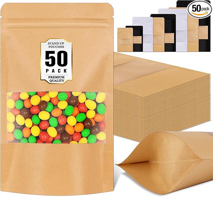 Jetmore-50pack-Smell-Proof-Bag, Zip Lock Pouches with Window, Resealable Bags for Small Business, Small Sealable Bags for Packaging Snack, Coffee, Spice, Candy, Trail Mix, Wax, Mylar Bags 3.5