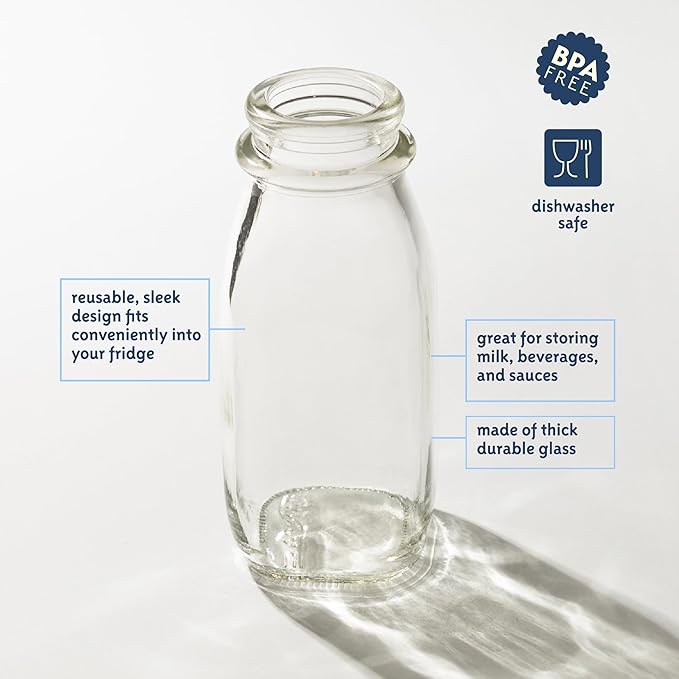 kitchentoolz 12 Oz Square Glass Milk Bottles with Lids (4 Pack) – Reusable Glass Creamer Bottles for Milk, Juice, and More – Includes Tamper-Proof Caps and One Silicone Pour Spout